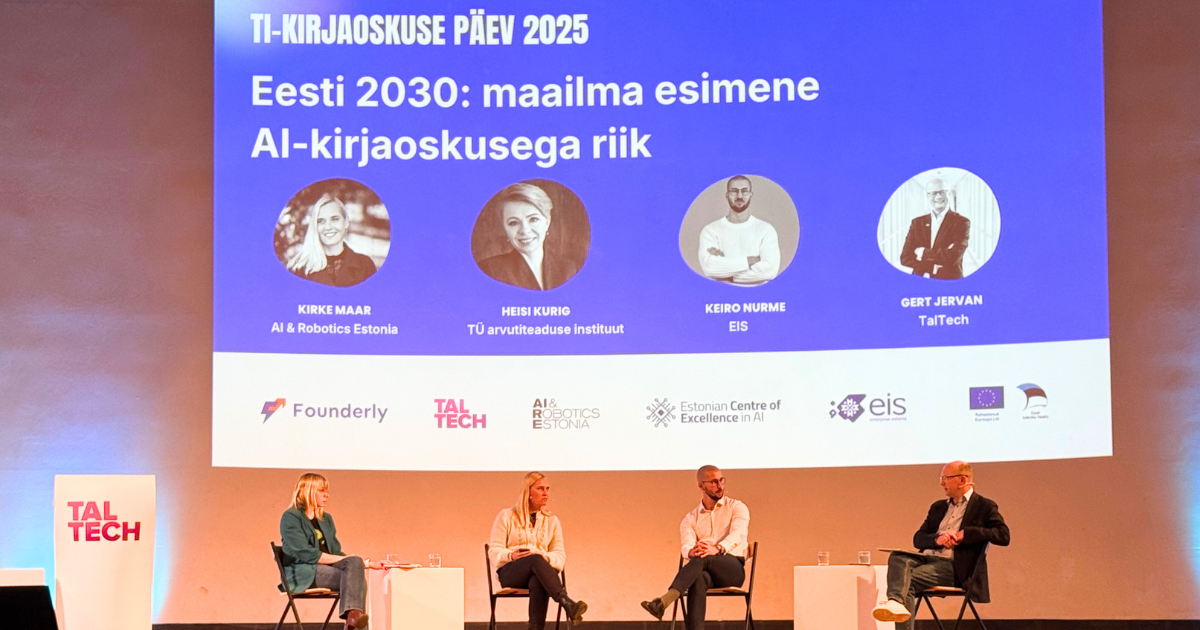 Tehisintellekti kirjaoskuse päeva lõpus kõlanud paneeldiskussioonis tuli juttu nii kohalike ettevõtete kui ka laiemalt Eesti ja Euroopa AI-valmisolekust, avaliku sektori digiküpsusest ning AI-kirjaoskuse erinevatest tähendusest. Foto: TI kirjaoskuse päev