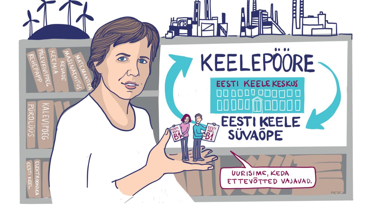 Olulist rolli mängis keeleküsimuses kolledži õppedirektor Anu Piirimaa, kelles ühinevad sütitaval kombel keeleinimene ja keemiatehnoloog; ta on üks neid, kes töötanud Virumaa kolledžis esimesest päevast alates. Illustratsioon: Piret Räni