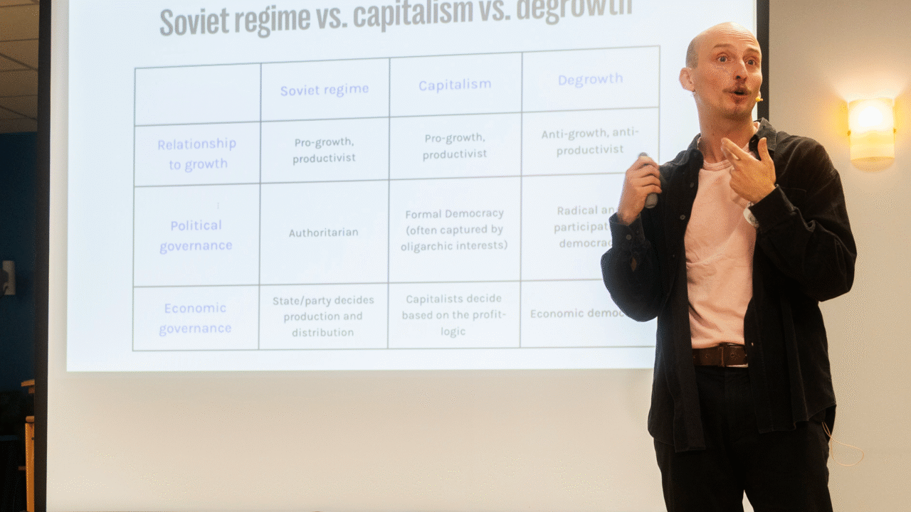 Ždarsky selgitas, et maailmas samaaegselt kulgevad kriisid – kliima soojenemine, elurikkuse vähenemine, kasvav ebavõrdsus ja demokraatia usalduskriis – on tegelikult omavahel seotud, sest need toidavad üksteist. Probleemide keskmes on majandus, mis vajab iga hinna eest kasvu. Foto: Saara Mildeberg.