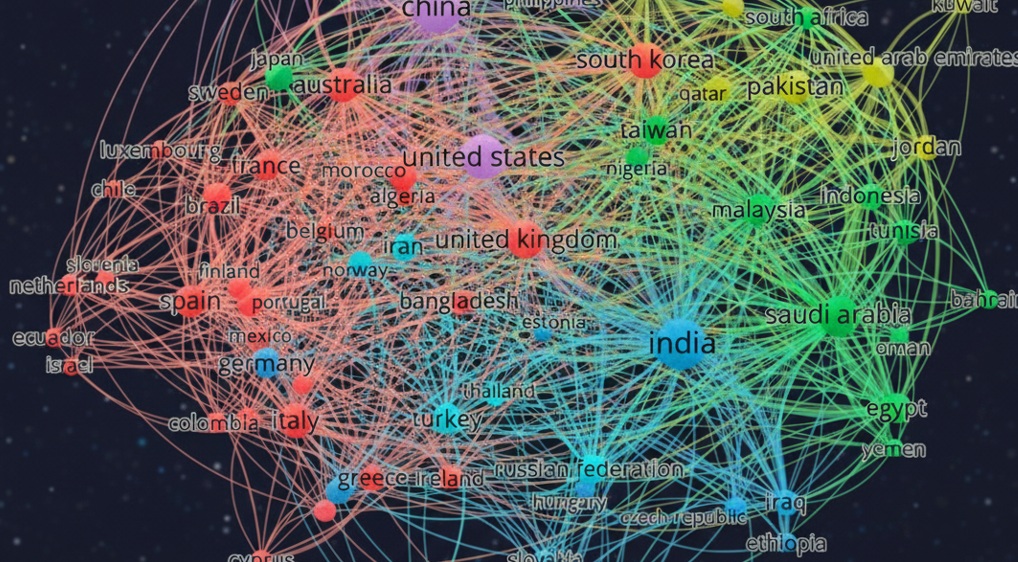 Riikide deterritoriaalse koostöövõrgustiku visualiseering (Google Gemini, VOSviewer toel). Illustratsioon: Mait Rei