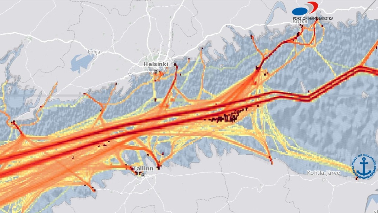 Soome lahe peamised laevaliikluse koridorid ja nende liiklustihedus (september 2024). Allikas: www.globalmaritimetraffic.org