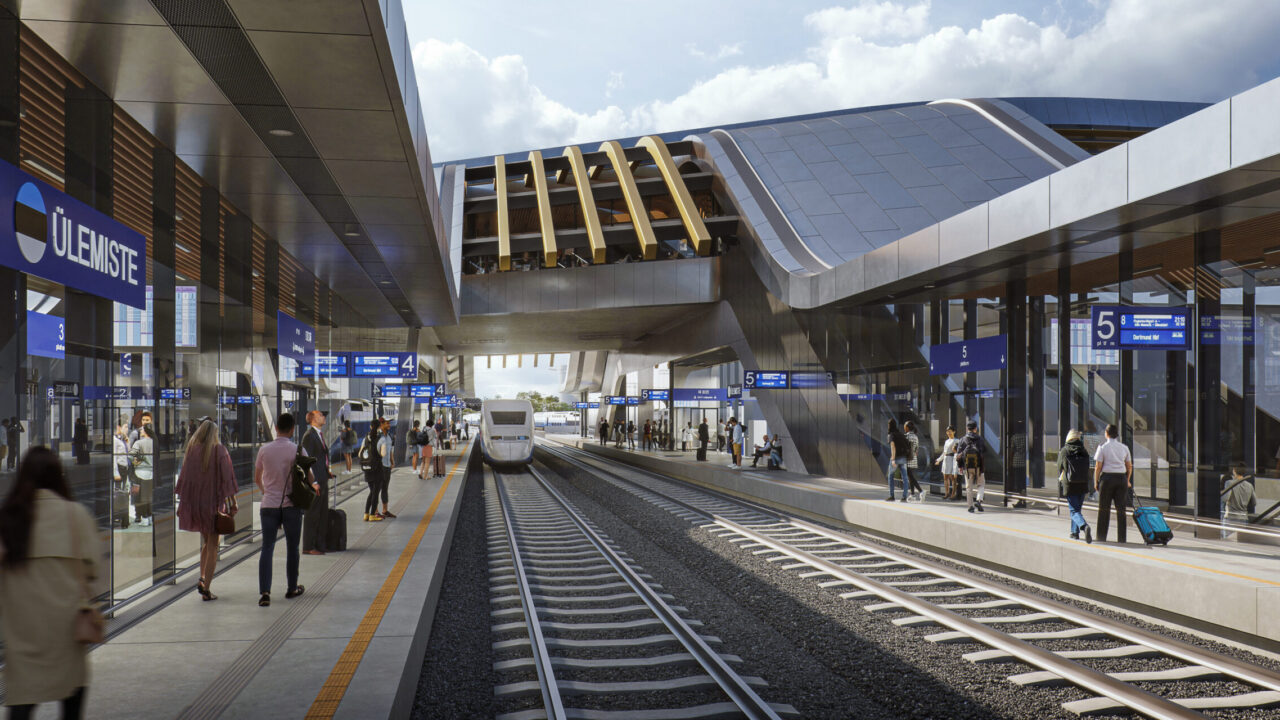 Ülemiste tulevane Rail Balticu terminal Tallinnas – visuaal uuest kiirraudteesõlmpunktist, kus kohtuvad rongid, linnaliinid ja lennujaamasuund. Foto: Mainor Ülemiste