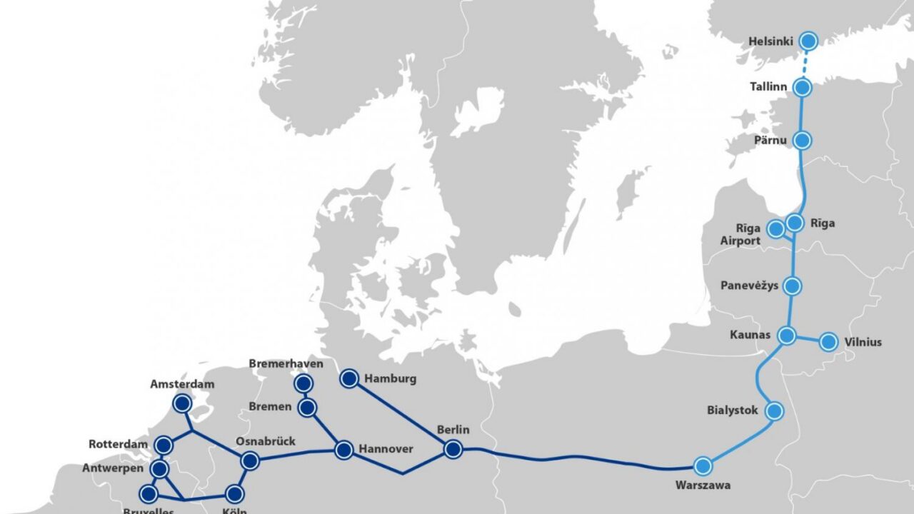 Rail Balticu planeeritav põhikoridori kaart: Helsingi–Tallinn–Pärnu–Riia–Kaunas–Varssavi ning edasi Kesk-Euroopa sõlmedeni – strateegiline ühendus, mis muudab logistikakaarti.