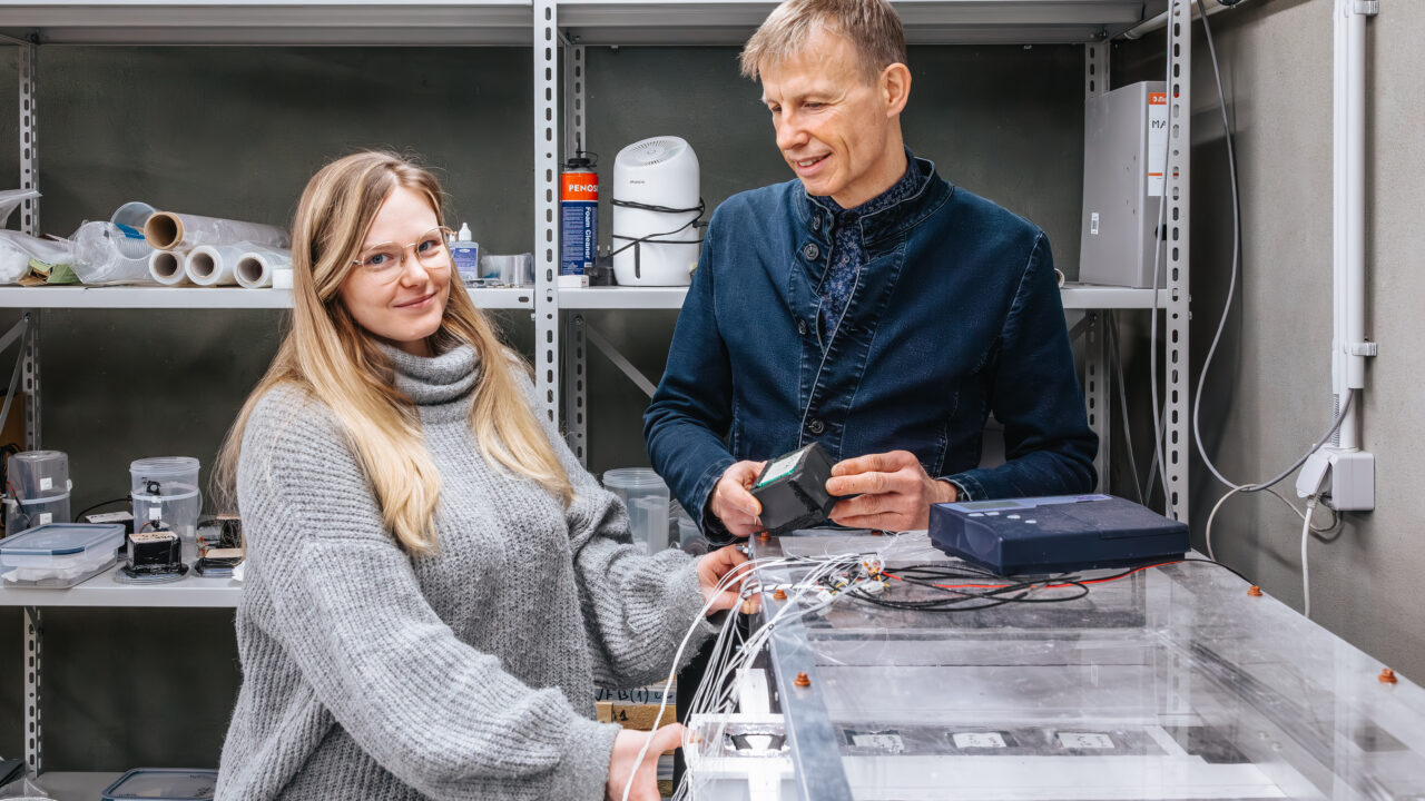 Doktorant Kristina Vilba uurib ajalooliste ehitusmaterjalide soojuslikke ja niiskuslikke omadusi, vastupidavust ja jääkkasutusiga. Pildil koos Targo Kalamehega. Foto: Karl-Kristjan Nigesen