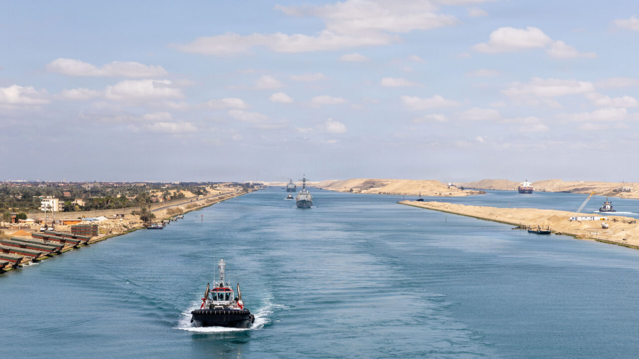 The guided-missile destroyer USS Bainbridge passes through the Suez Canal during Operation Epic Fury in March 2026. Photo by the US Navy.