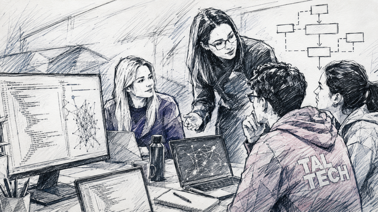 Tehisintellekti loodud illustratsioon tehnoloogiateemalisest arutelust. Pilt: Trialoog / ChatGPT