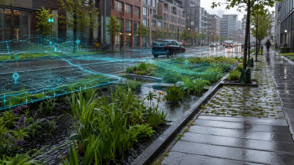Urban NBS Planner koondab pinnast, sademeid, linnataristut ja kohalikke keskkonnatingimusi puudutavaid andmeid ning ühendab need vee liikumise mudelite, taimede omaduste ja linnade 3D-mudelitega. Sel moel aitab tööriist kavandada kiiremini ja täpsemalt vihmaaedu, sademeveekraave, puuistutusalasid ja tehismärgalasid ning valida igasse asukohta sobiva lahenduse. Foto: ChatGPT